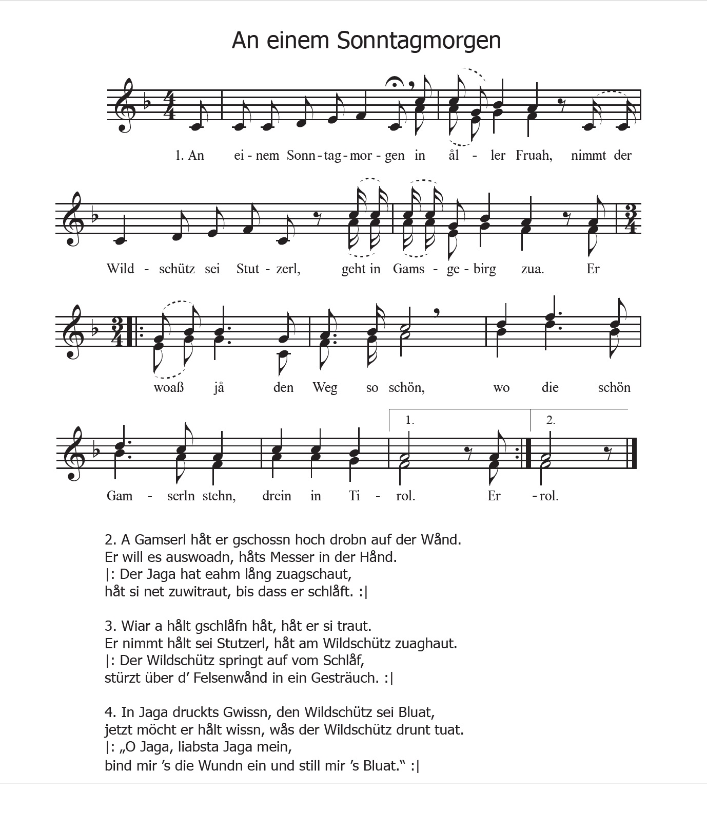 An einem Sonntagmorgen (NÖVLA A 82/04), abgedruckt in: Dorli Draxler und Edgar Niemeczek, Singen. Das Goldene Liederbuch. Volkslieder in Niederösterreich, Wien 2019